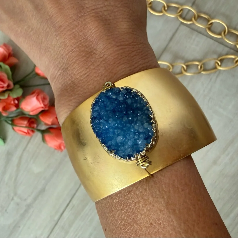 Chunky link necklace and bracelet set with blue quartz geode pendant boho - Picture 7 of 8